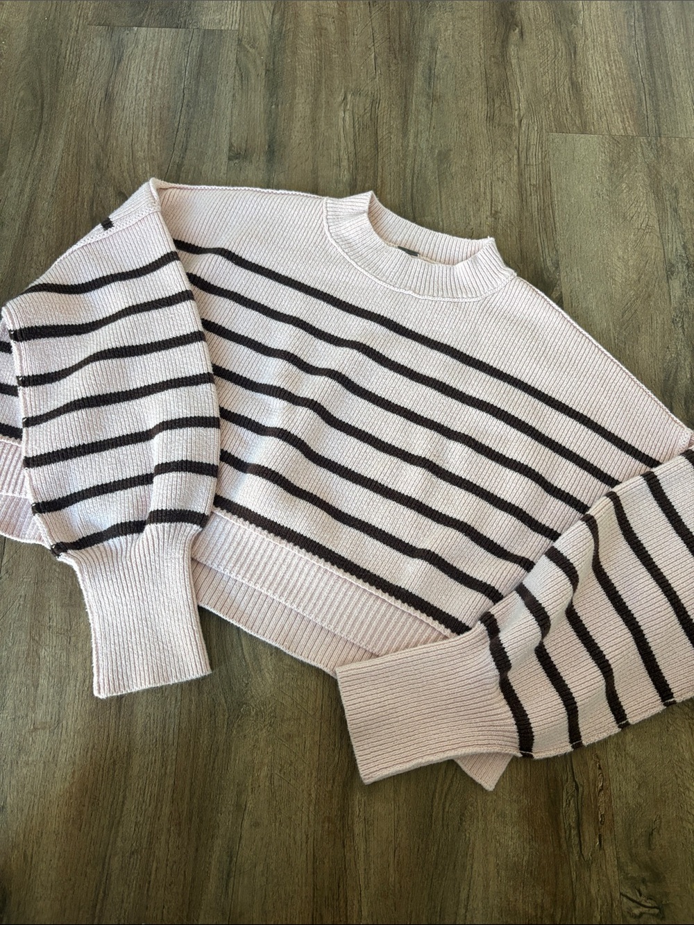 Cropped Pink and Black Striped Knit Sweater Free People